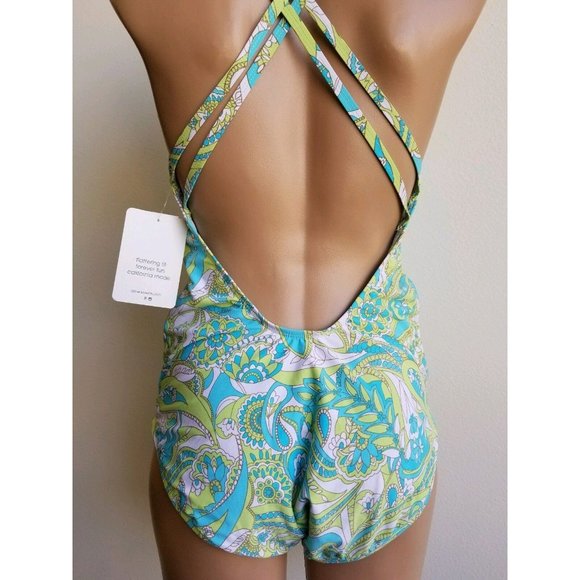 Athena Womens One Piece Swimsuit Padded Bra V-Neck Cross Back Paisley Size 12 - Picture 2 of 7